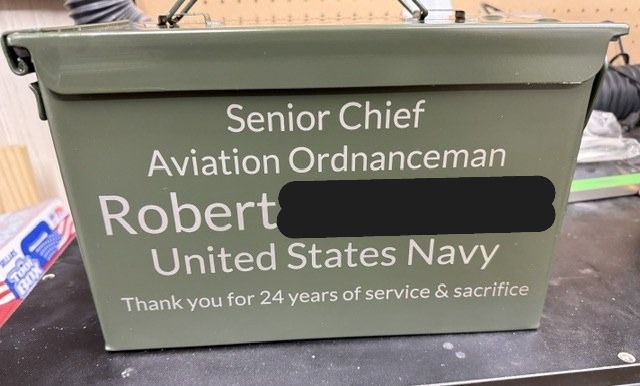Personalized U.S. Navy retirement ammo can with name rank and years of service