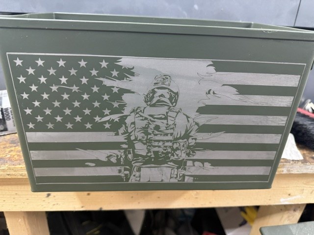 Custom ammo can engraved with a tactical soldier and distressed American flag