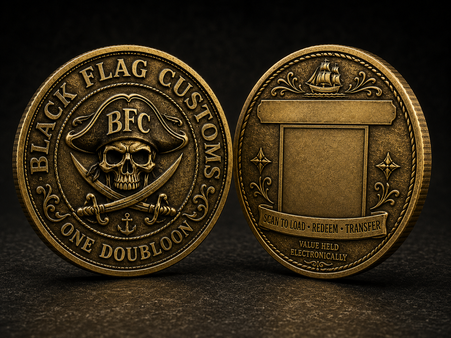 Front and back of the Black Flag Customs brass doubloon