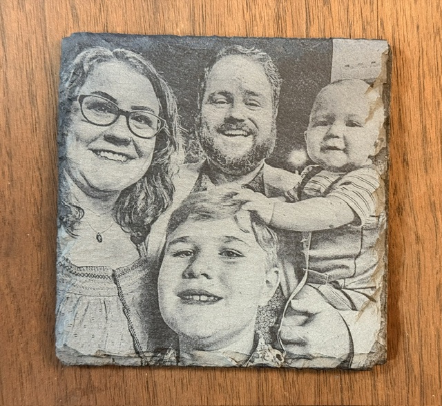 Custom family photograph engraved on a natural slate coaster