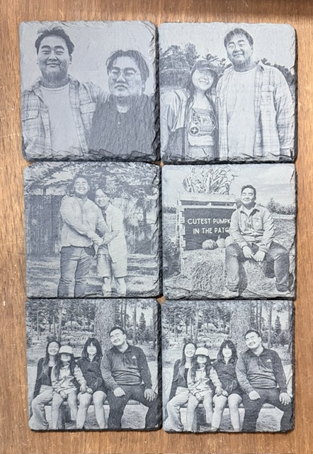 Custom slate coasters engraved with couple and family photographs