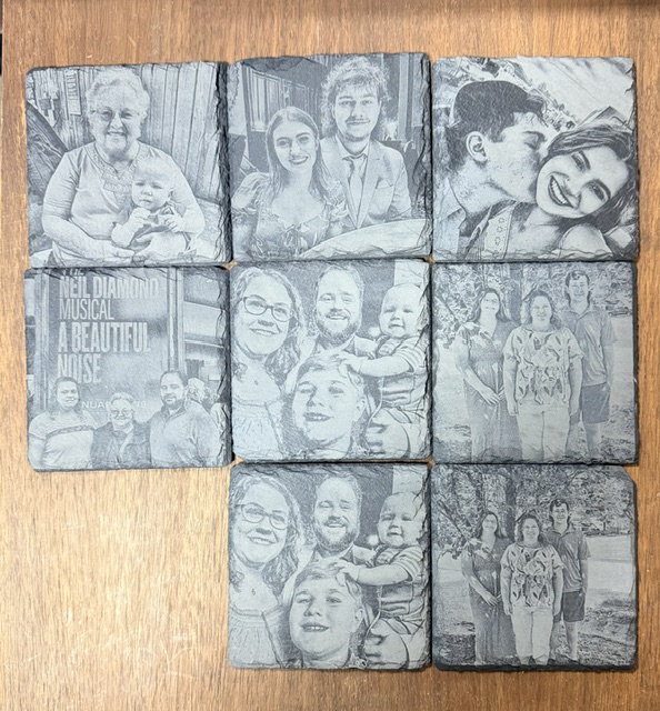 Personalized slate coaster examples made from customer photos